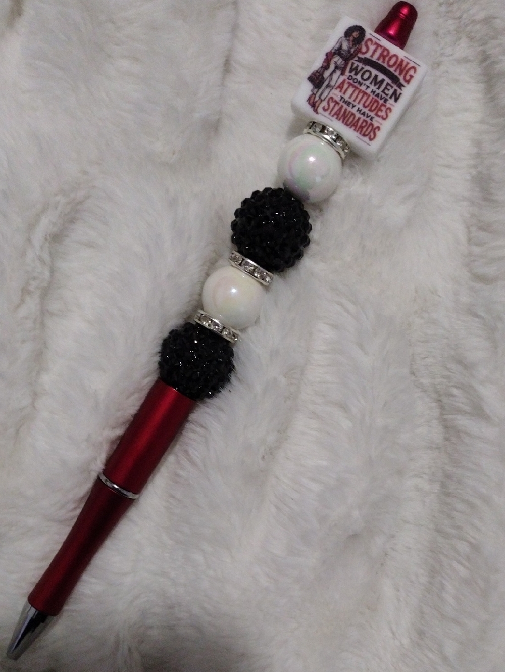 Red Decorative Beaded Pen with Black and Pearl Accents